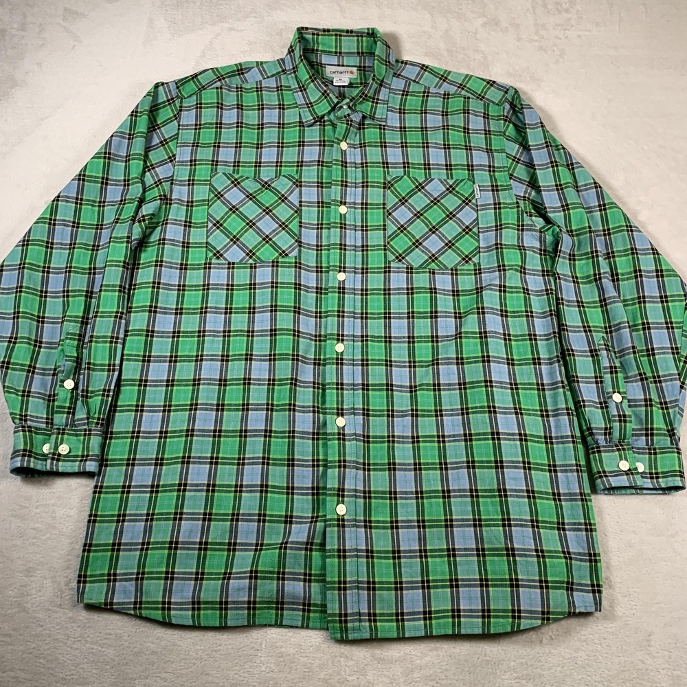 Carhartt Shirt Mens XL Green Plaid Button Up‎ Workwear Western Pockets Casual